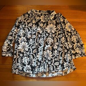 Vtg Y2K Black & White Floral/Jacobian/Polka Dot 3/4 Sleeve Button Up, Size 24W